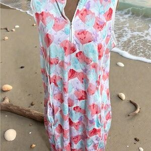 Pebble Beach Floral Tunic Top - Red, Pink, Blue